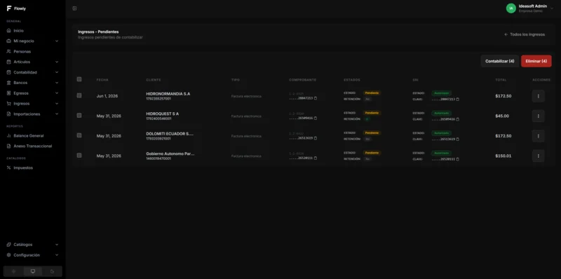 Panel de Flowiy con los comprobantes del SRI y el balance del negocio
